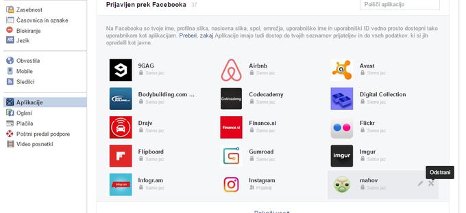 Dejstvo, da imamo aplikacijo Mahov zdaj na seznamu aplikacij, s katerimi smo seznanili naš uporabniški račun Facebook, pa čeprav ji nismo dovolili ničesar, nam ni najbolj všeč. Želimo se je znebiti, zato smo odprli Nastavitve, preklopili na zavihek Aplikacije in pritisnili križec ob imenu Mahov. | Foto: 