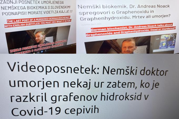 Naslovi nekaterih slovenskih objav o domnevnih vzrokih smrti Andreana Noacka. 57-letni doktor biokemije je do smrti sicer veljal za nasprotnika epidemioloških ukrepov in cepljenja. Prek svojega kanala na YouTubu, ki sicer ni imel prav veliko sledilcev, je širil svoje prepričanje, da je pandemija bolezni covid-19 prevara, in govoril o novem svetovnem redu. Ta stališča je delila njegova partnerka, ki je prva zasejala dvom, da je Noack umrl naravne smrti.  | Foto: Matic Tomšič