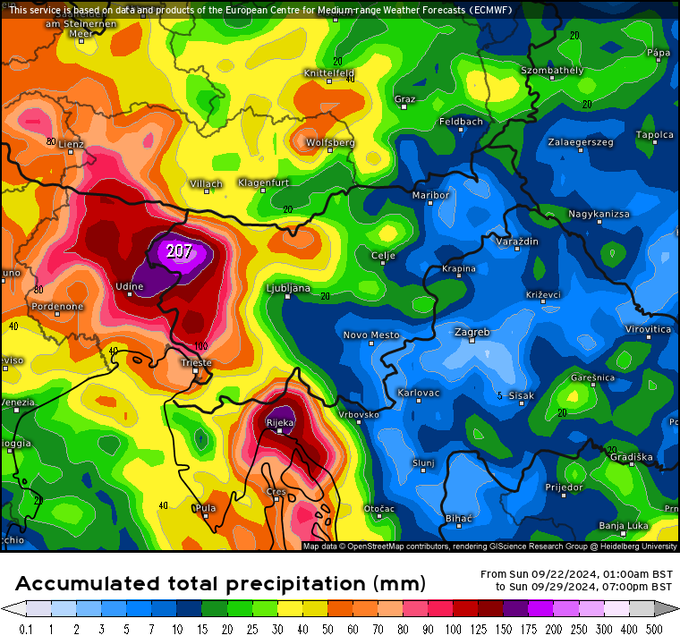 Karta prikazuje ocenjeno količino padavin v naslednjem tednu glede na enega izmed meteoroloških modelov. Največ dežja sicer pričakujemo v drugi polovici tedna. | Foto: meteologix