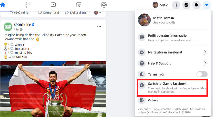Novi videz Facebooka, ki je sicer dostopen že nekaj mesecev, ponuja možnost preklopa na klasični videz družbenega omrežja. To po 1. septembru ne bo več mogoče.  | Foto: Matic Tomšič