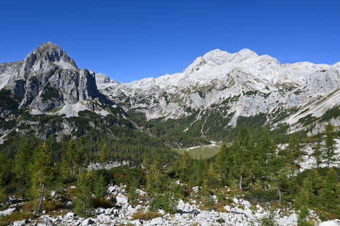 Velo polje pod Toscem, Mišelj vrhom in Triglavom še ni obarvano zlato. | Foto: Matej Podgoršek