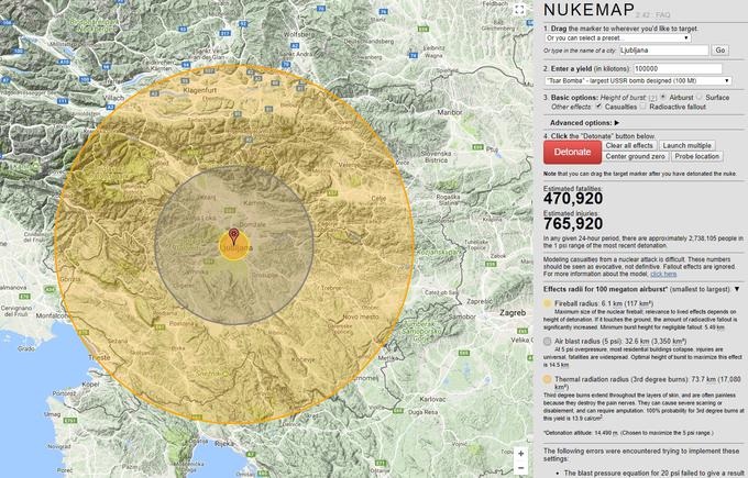 Ognjena krogla eksplozije bi slovensko prestolnico pogoltnila praktično v celoti. Porušen bi bil večji del Notranjske. Toplotno sevanje, ki povzroča opekline tretje stopnje, bi na severu doseglo Beljak in Celovec, na jugu Trst in skoraj Reko, na jugovzhodu Novo mesto in Črnomelj, na vzhodu pa bi seglo onkraj Celja. | Foto: Matic Tomšič