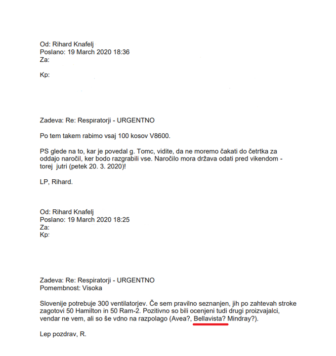Iz elektronske pošte, ki smo jo pridobili na uredništvo Siol.net je razvidno, da je Knafelj predlagal dobavo ventilatorjev Bellavista, ki jih je ameriški urad za zdravila označil za smrtno nevarne. | Foto: Siol.net/ A. P. K.
