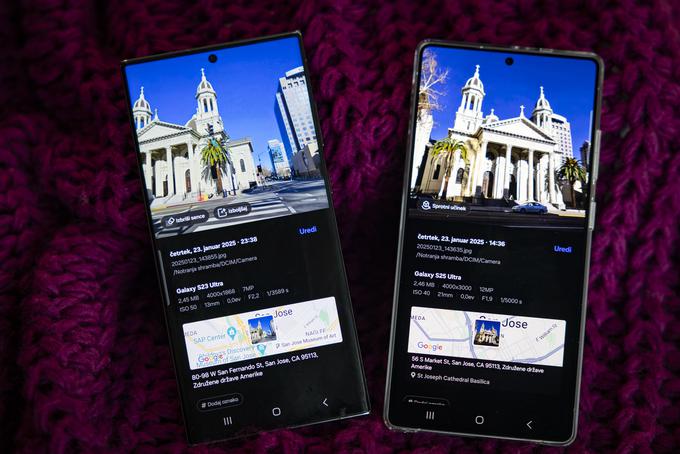 Primerjava sprednjih strani in posnetih fotografij: na levi Samsung Galaxy S23 Ultra, na desni Samsung Galaxy S25 Ultra v originalnem prosojnem Samsungovem ovitku, ki je naprodaj posebej. | Foto: Bojan Puhek