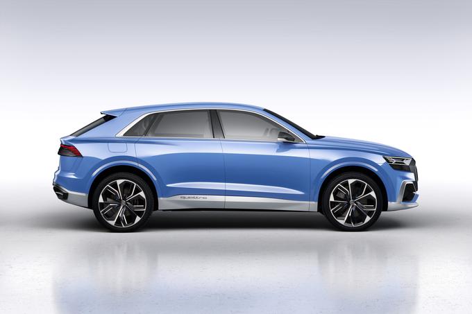 Audi Q8 concept je velik avtomobil. V dolžno meri dobrih 5 metrov (5,02 m), med osema pa ima 3 metre prostora. Markanten nastop krona še z dvema metroma širine, 1,7 metra višine in velikimi kolesnimi oboki znotraj katerih se bohotijo 23-palčna platišča (gume 305/35) ter pod njimi le tri palce manjši karbonsko-keramični zavorni koluti. | Foto: Audi