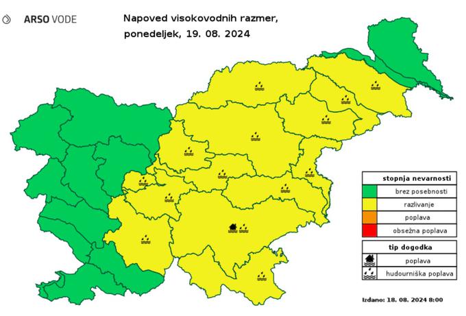 Hidrologi agencije za okolje so izdali rumeno hidrološko opozorilo za večji del države. Opozorilo velja za ponedeljek. | Foto: Arso