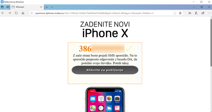 Mi smo vnesli telefonsko številko, ki jo tudi sicer uporabljamo za preizkušanje različnih spletnih prevar. Tudi če ne greste dlje od tega, je vnašanje telefonske številke v takšne obrazce sicer zelo nespametno početje, saj je mogoče, da boste v prihodnje prejeli še več nadležnih sporočil SMS ali tudi kakšen klic iz tujine. | Foto: Matic Tomšič / Posnetek zaslona