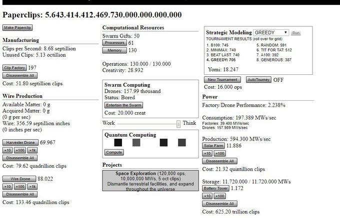 Takole je tovarna sponk, ki zdaj obsega ves planet, videti po nekaj več kot triurnem igranju Paperclips. Proizvodnja sponk na sekundo znaša 8,68 septilijona oziroma 868 in še 41 ničel.  | Foto: Matic Tomšič